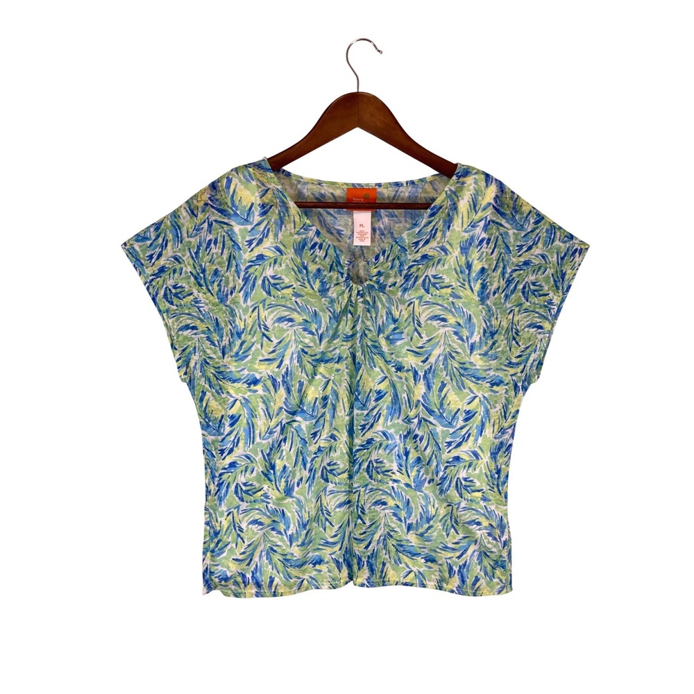 Tropical Hearts of Palm Womens PL Blue Green Palm Leaf‎ Layered Keyhole Blouse